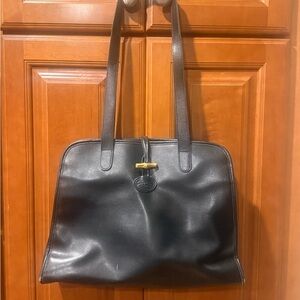 Longchamp Roseau Black Double Handle Leather Handbag Tote Purse Gold Toggle
